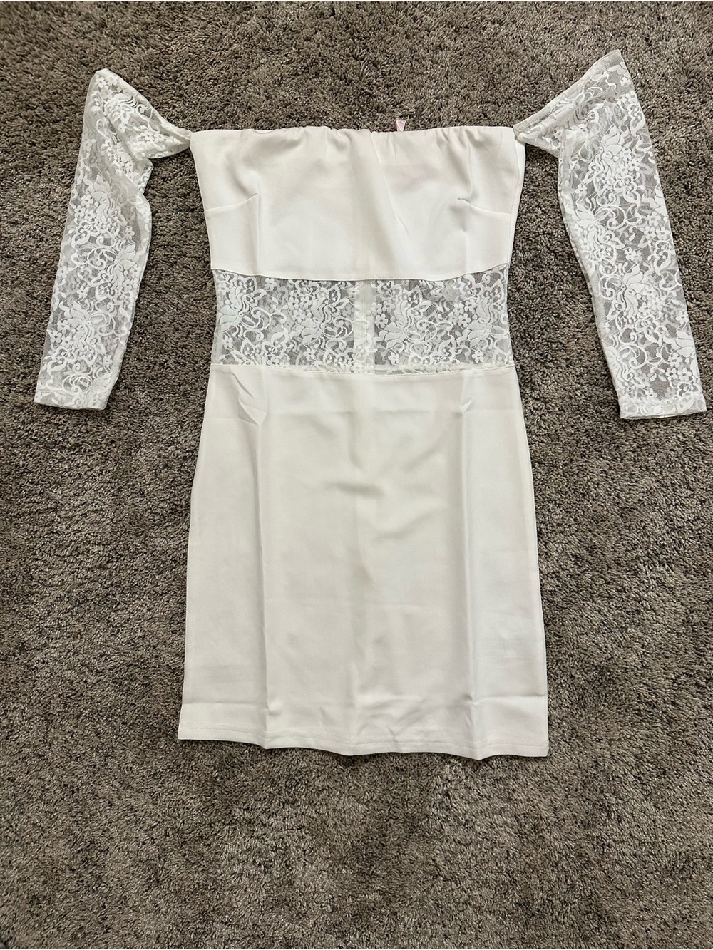 White Off-Shoulder Lace Waist Long Sleeve Dress